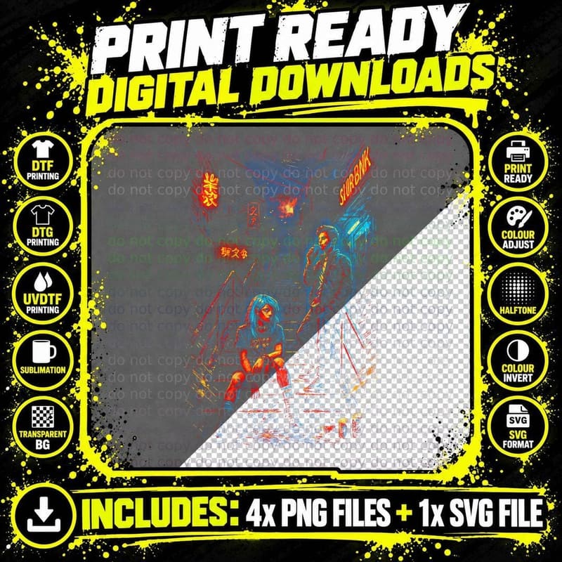 Neon Alley Cyberpunk T-Shirt, Halftone Neon Street Scene Png SVG Digital Bundle