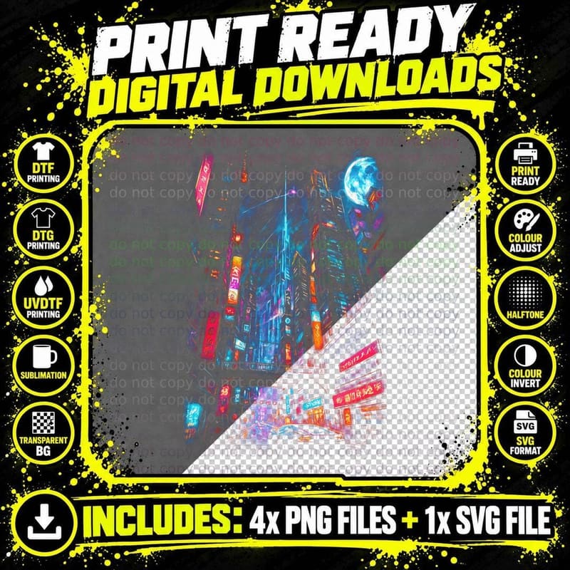Neon City Cyberpunk T-Shirt, Halftone Asian Neon Street Png SVG Digital Bundle