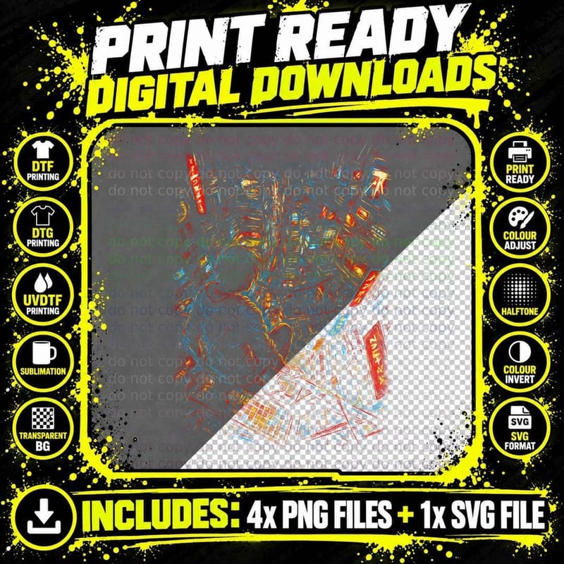 Neon City Cyberpunk T-Shirt, Halftone Neon Canyon Street Png SVG Digital Bundle