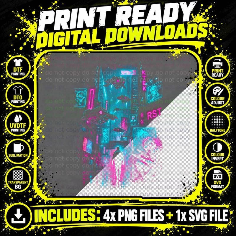 Neon City Cyberpunk T-Shirt, Halftone Neon Drone Street Png SVG Digital Bundle