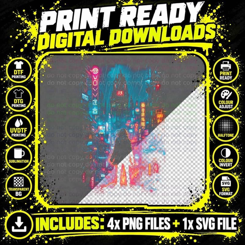 Neon City Cyberpunk T-Shirt, Halftone Neon Megacity Rain Png SVG Digital Bundle