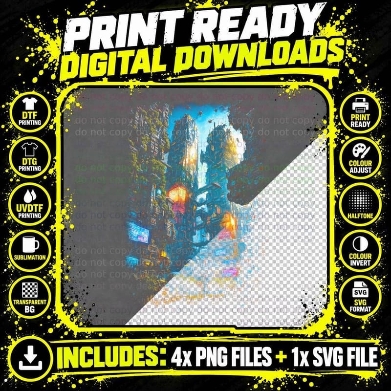 Neon City Cyberpunk T-Shirt, Halftone Vertical Neon City Png SVG Digital Bundle