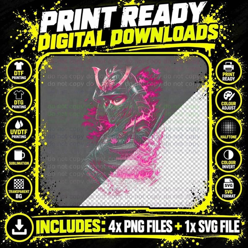 Neon Kunoichi T-Shirt, Halftone Cyberpunk Ninja Graphic Png SVG Digital Bundle