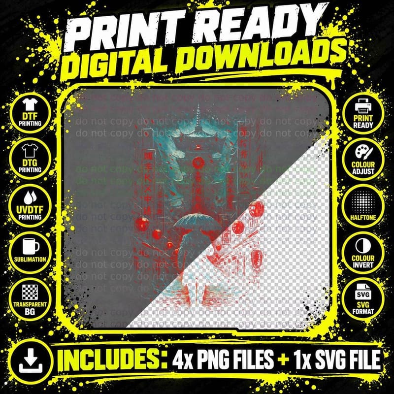Neon Pagoda Cyberpunk T-Shirt, Halftone Temple Rain Png SVG Digital Bundle