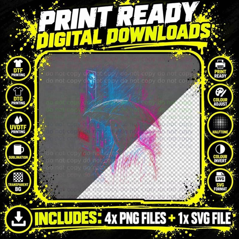 Neon Rain Cyberpunk T-Shirt, Halftone Neon Bar Street Png SVG Digital Bundle