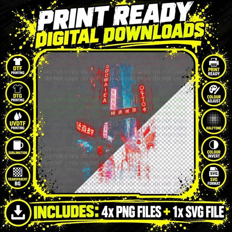 Neon Street Cyberpunk T-Shirt, Halftone Rainy Neon Alley Png SVG Digital Bundle