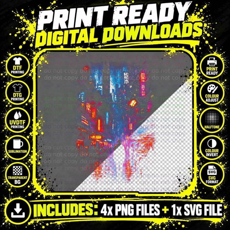 Neon Street Cyberpunk T-Shirt, Halftone Rainy Night Png SVG Digital Bundle