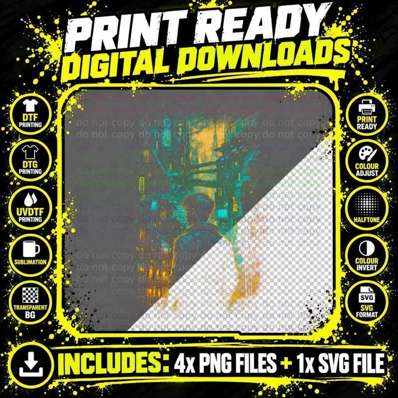 Neon Street Cyberpunk T-Shirt, Halftone Solitary Neon Png SVG Digital Bundle