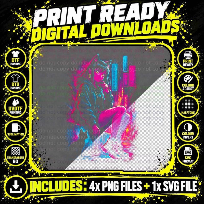 Neon Street Cyberpunk T-Shirt, Halftone Wet Neon Night Png SVG Digital Bundle