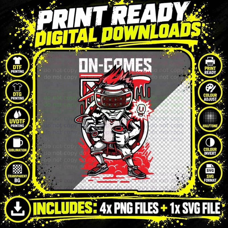 On-Games Robot Character Red White Streetwear T-Shirt Png SVG Digital Bundle