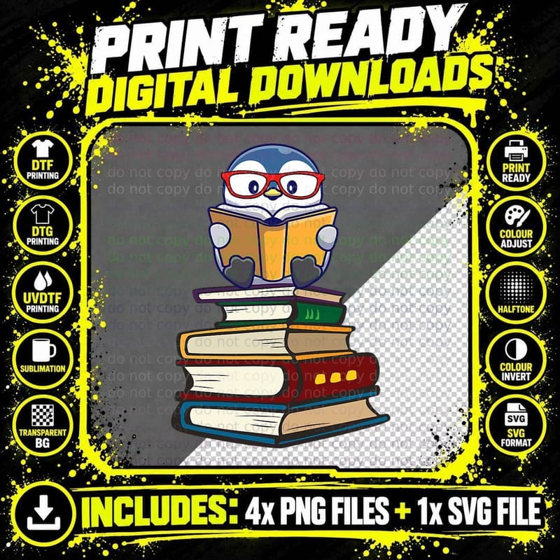Penguin Reading Book T-Shirt, Nerd Geek Style Png SVG Digital Bundle