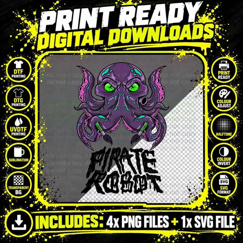 Pirate Robot Inked T-Shirt Png SVG Digital Bundle