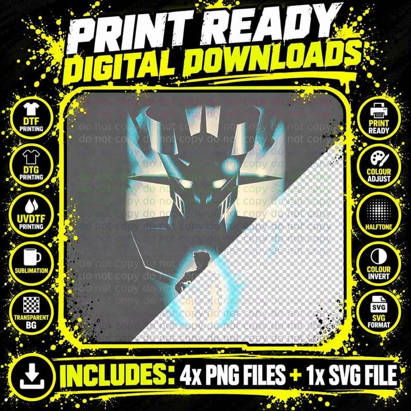 Robot Head T-Shirt, Cyberpunk Style, Futuristic Print Png SVG Digital Bundle