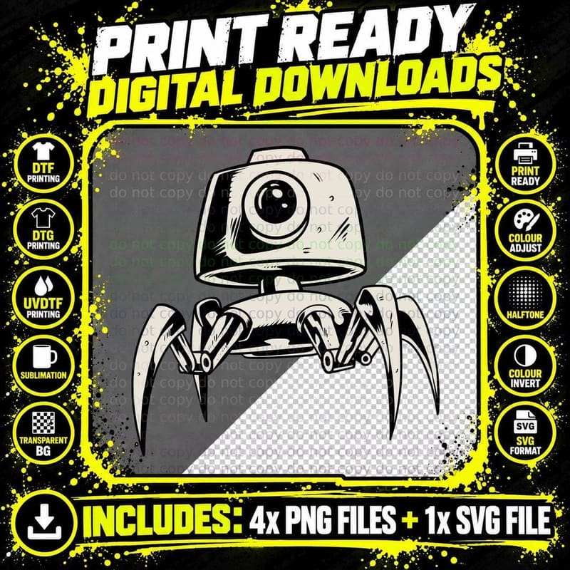 Robot Spider Mechanical Creature Camera Head White Black Png SVG Digital Bundle