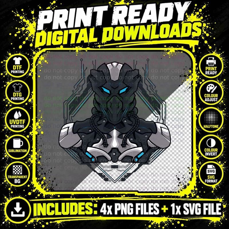 Robot Warrior Robotic Face Blue Black Tech Cyberpunk Png SVG Digital Bundle