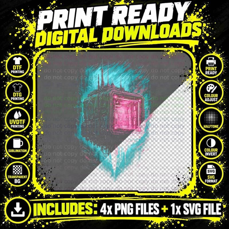 Sci-Fi Fortress Cyberpunk T-Shirt, Halftone Floating Png SVG Digital Bundle