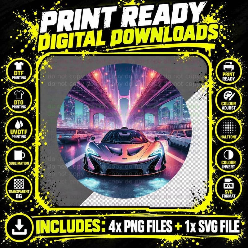 Sports Car Pink Cyberpunk Neon City T-Shirt Png SVG Digital Bundle