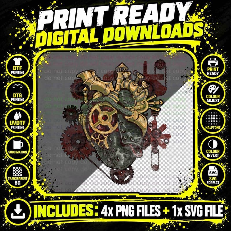 Steampunk Heart Robot Cosplay Scifi Mechanical Gears Png SVG Digital Bundle
