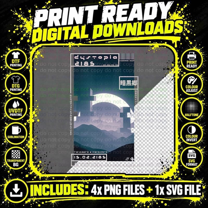 Techwear Cyberpunk, Streetwear Japanese Dystopia 2185 Png SVG Digital Bundle