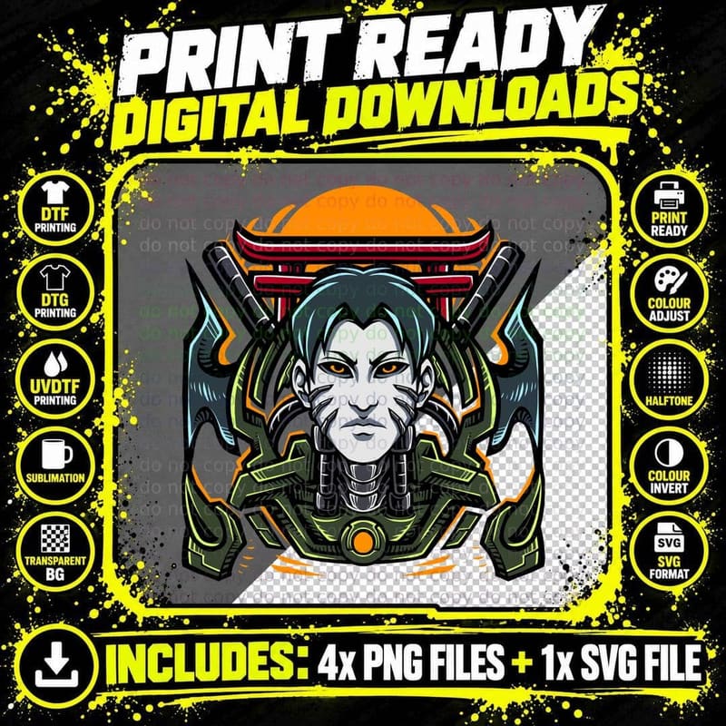 Woman Armor Asian Temple Cyberpunk T-Shirt Png SVG Digital Bundle