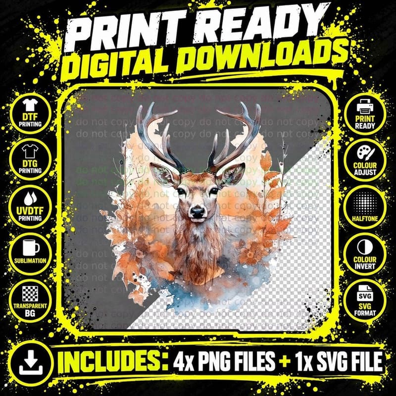 Autumn Deer in Watercolor T-Shirt, Trendy Graphic Tee Png SVG Digital Bundle