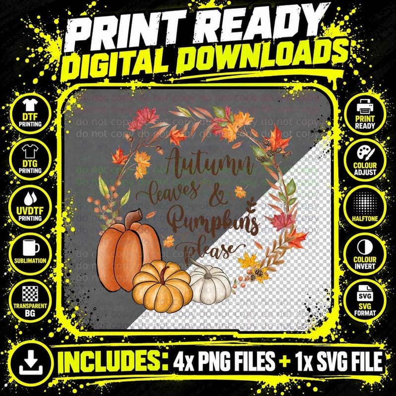 Autumn Leaves & Pumpkins Please Fall T-Shirt Png SVG Digital Bundle