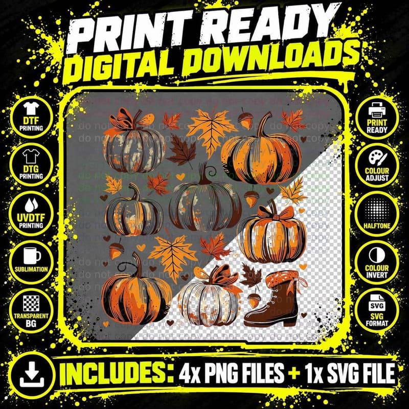 Autumn Sketch Pumpkins Leaves Boots Fall T-Shirt Png SVG Digital Bundle