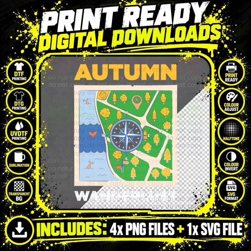 Autumn Wanderlust Fall T-Shirt, Map Compass Trees Png SVG Digital Bundle