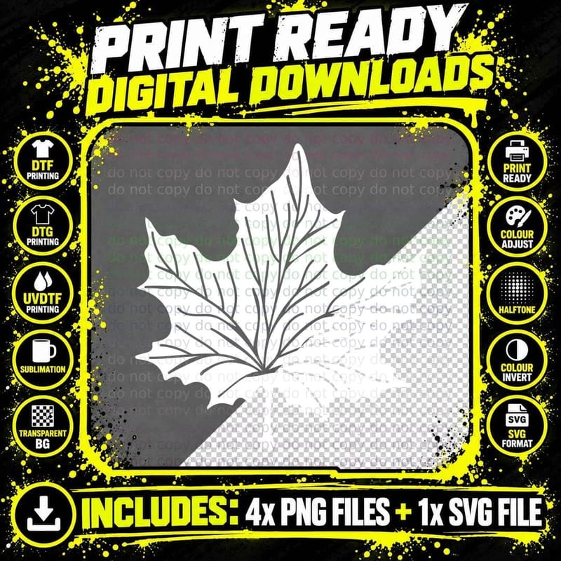 Black Detailed Maple Leaf Silhouette Fall T-Shirt Png SVG Digital Bundle
