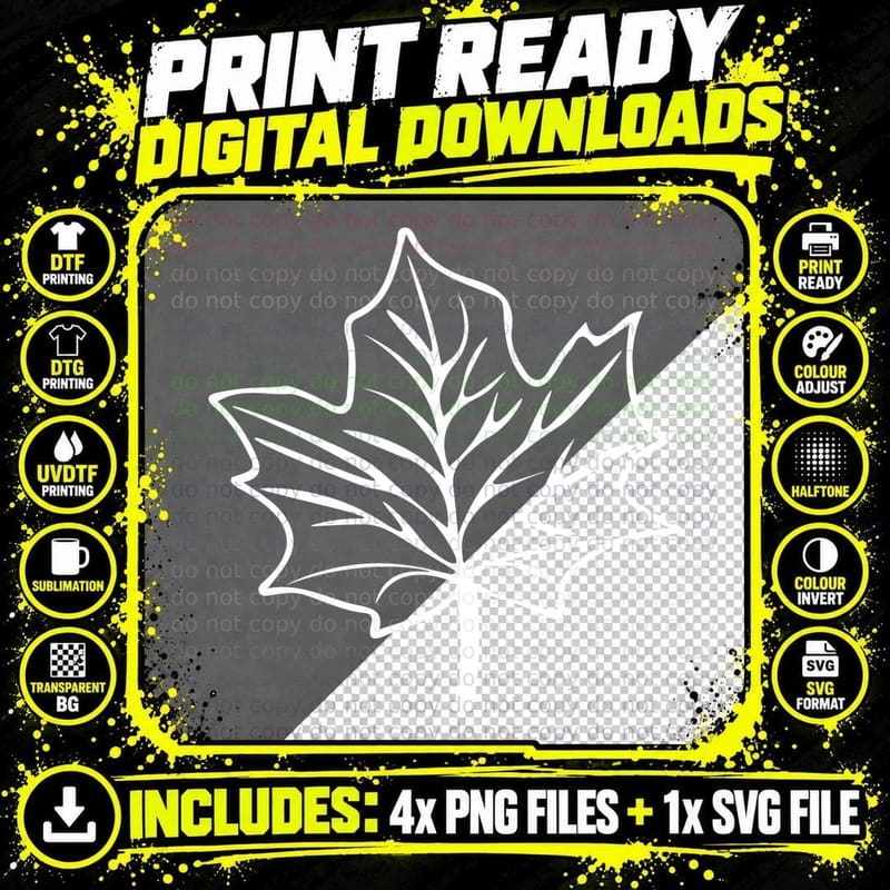 Black Maple Leaf Detailed Outline Fall T-Shirt Png SVG Digital Bundle