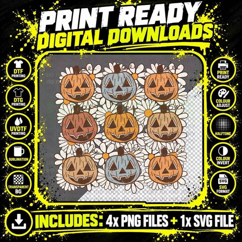 Colorful Jack-O-Lanterns with Daisies Fall T-Shirt Png SVG Digital Bundle