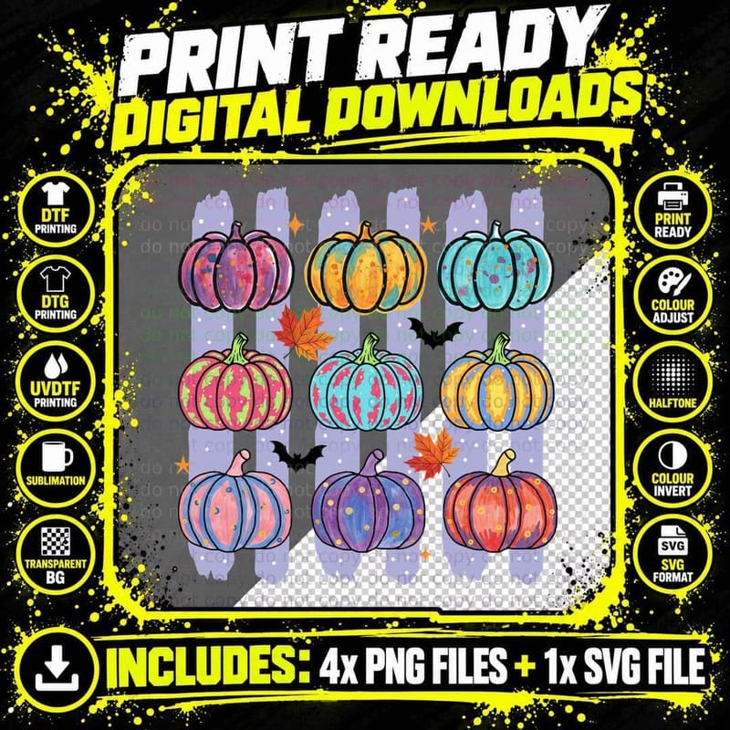 Colorful Patterned Pumpkins Fall T-Shirt Png SVG Digital Bundle