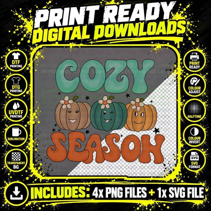 Cozy Seasoh Fall T-Shirt, Three Pumpkins with Flowers Png SVG Digital Bundle