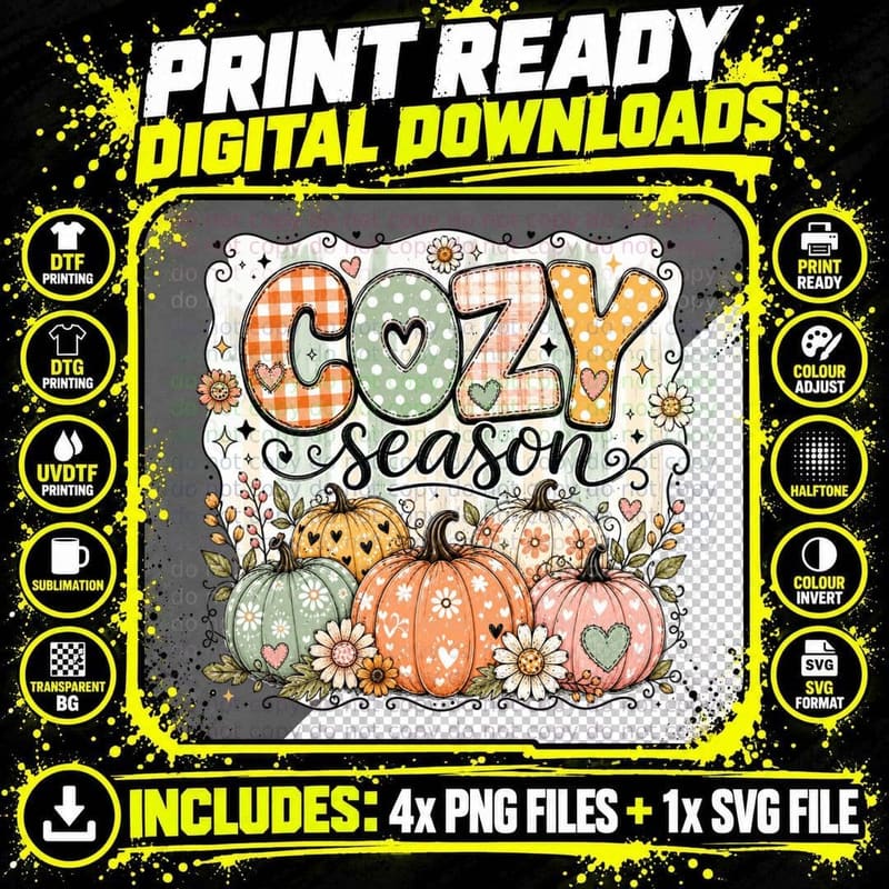 Cozy Season Fall T-Shirt, Cozy Season Pumpkins Hearts Png SVG Digital Bundle