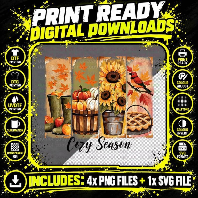 Cozy Season Fall T-Shirt, Four-Panel Seasonal Artwork Png SVG Digital Bundle