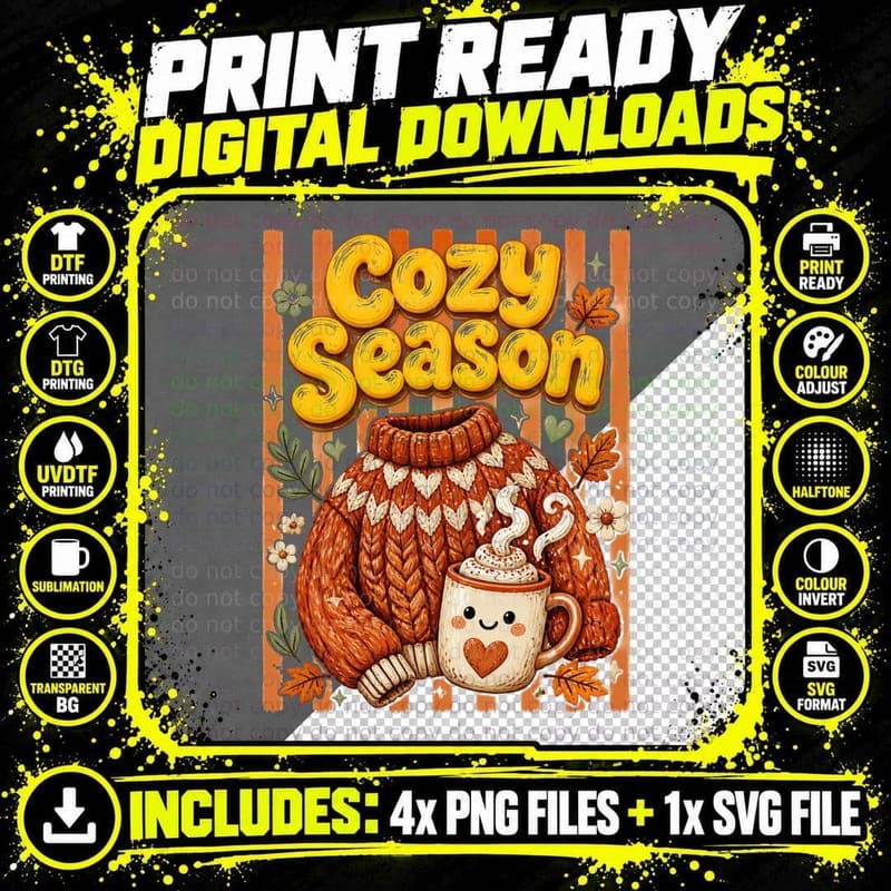 Cozy Season Fall T-Shirt, Sweater and Mug Design Autumn Png SVG Digital Bundle