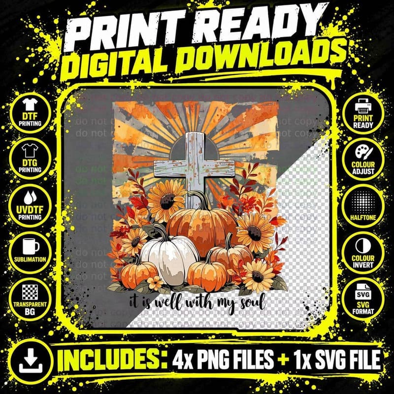 Cross with Pumpkins Sunflowers Fall T-Shirt Png SVG Digital Bundle
