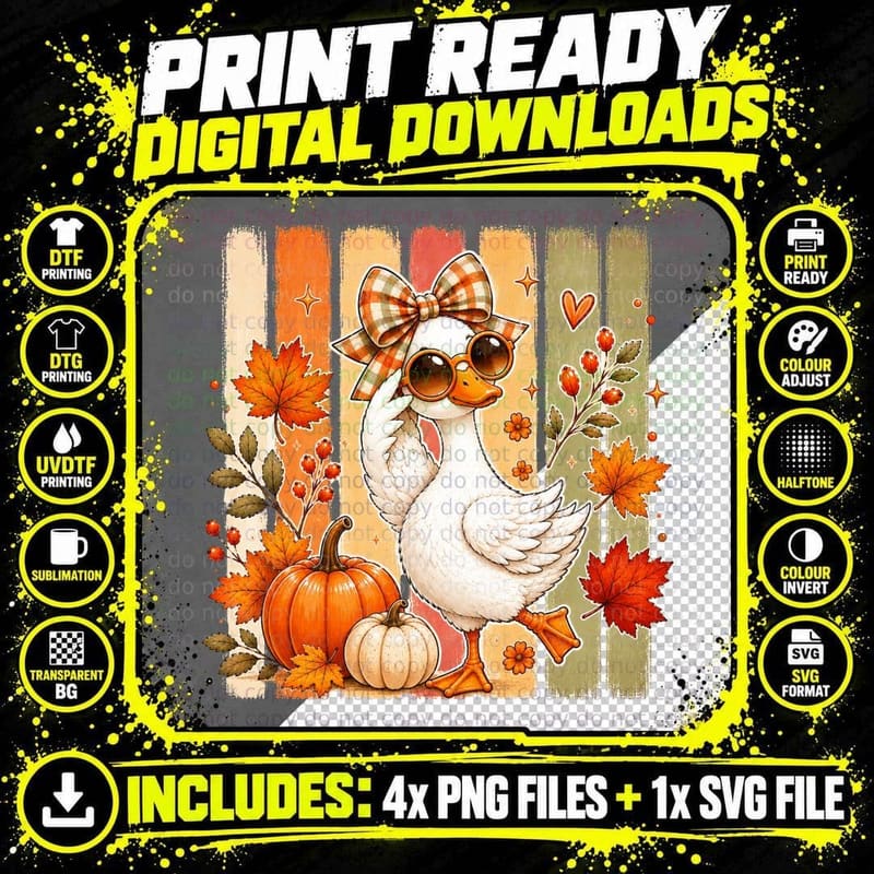 Duck Sunglasses Bow Pumpkins Leaves Fall T-Shirt Png SVG Digital Bundle