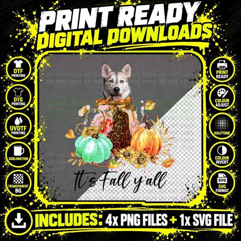 Fall Siberian Husky T-Shirt, Autumn Animal Print Png SVG Digital Bundle