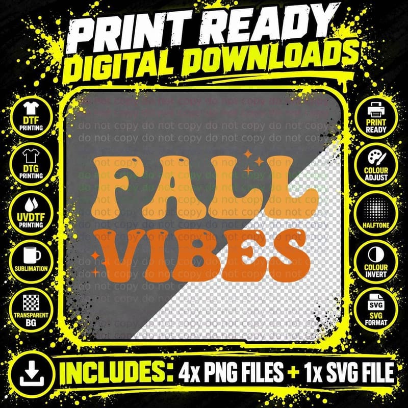Fall Vibes Fall T-Shirt, Bold Yellow Text Fall Vibes Png SVG Digital Bundle