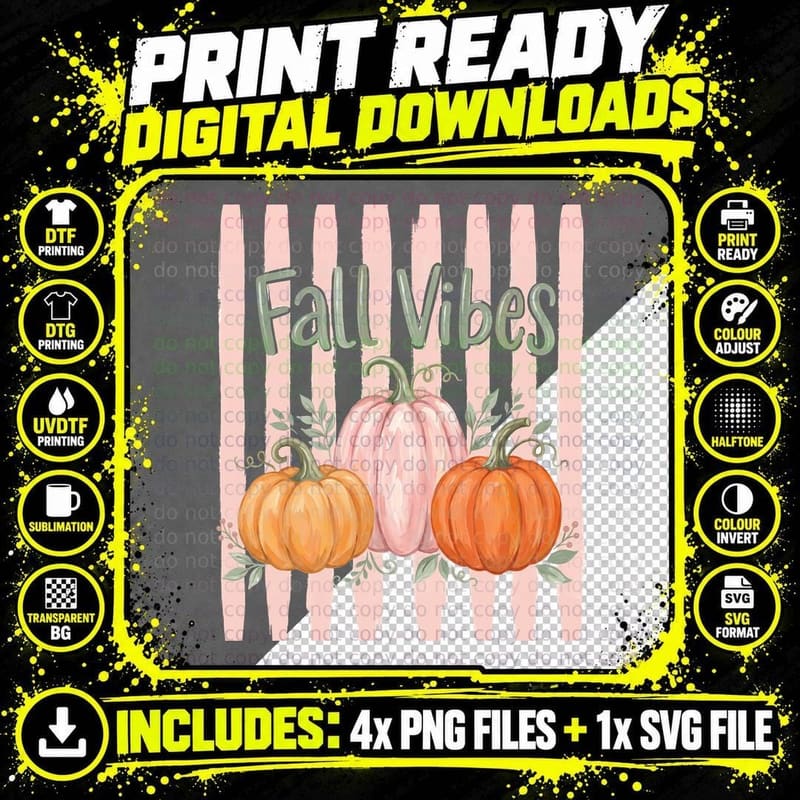 Fall Vibes Fall T-Shirt, Pink Striped Pumpkins Vines Png SVG Digital Bundle