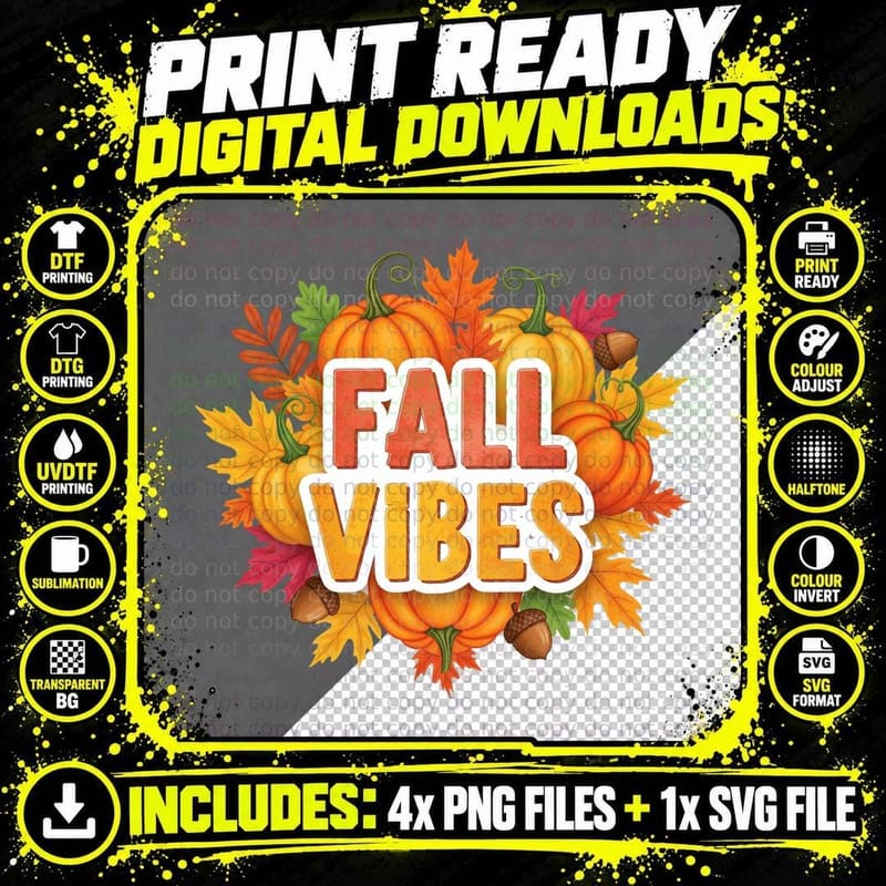 Fall Vibes Fall T-Shirt, Pumpkins Leaves Autumn Harvest Png SVG Digital Bundle