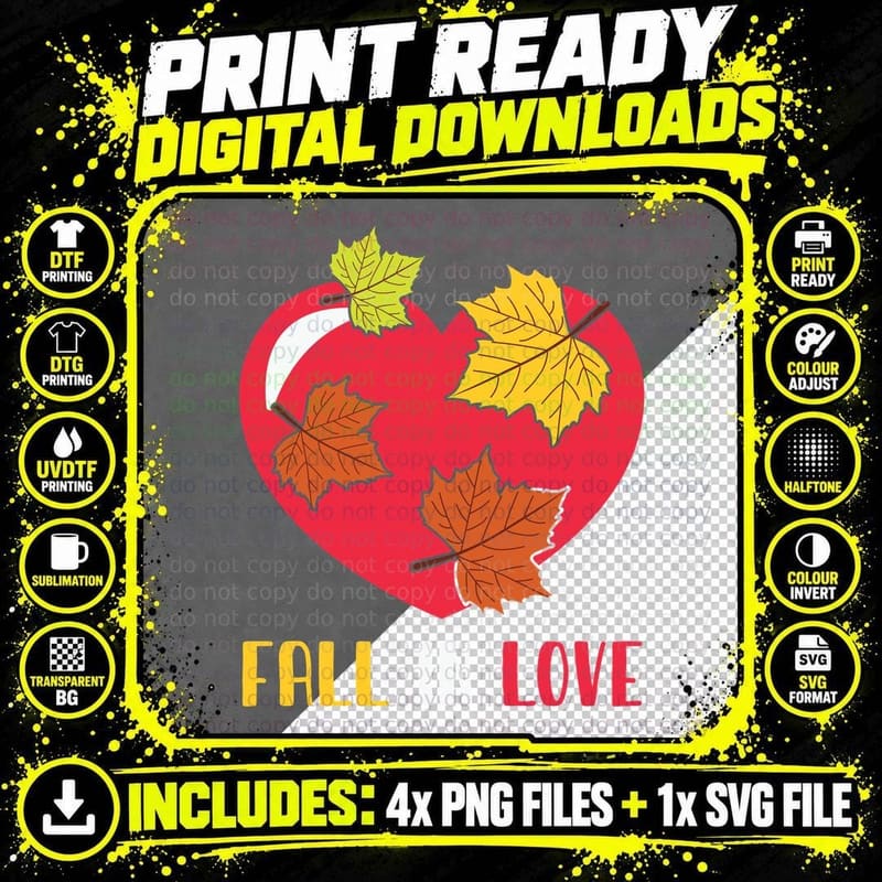 Fall in Love Fall T-Shirt, Red Heart with Maple Leaves Png SVG Digital Bundle