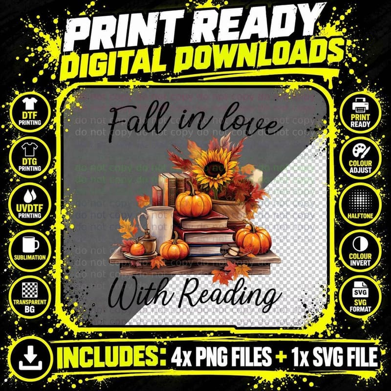 Fall in Love with Reading Book Autumn Teachers Pumpkins Png SVG Digital Bundle