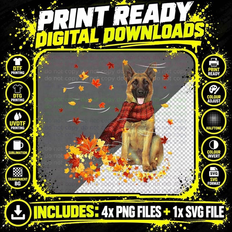 German Shepherd Fall Scarf - Dogs Autumn Leaves T-Shirt Png SVG Digital Bundle