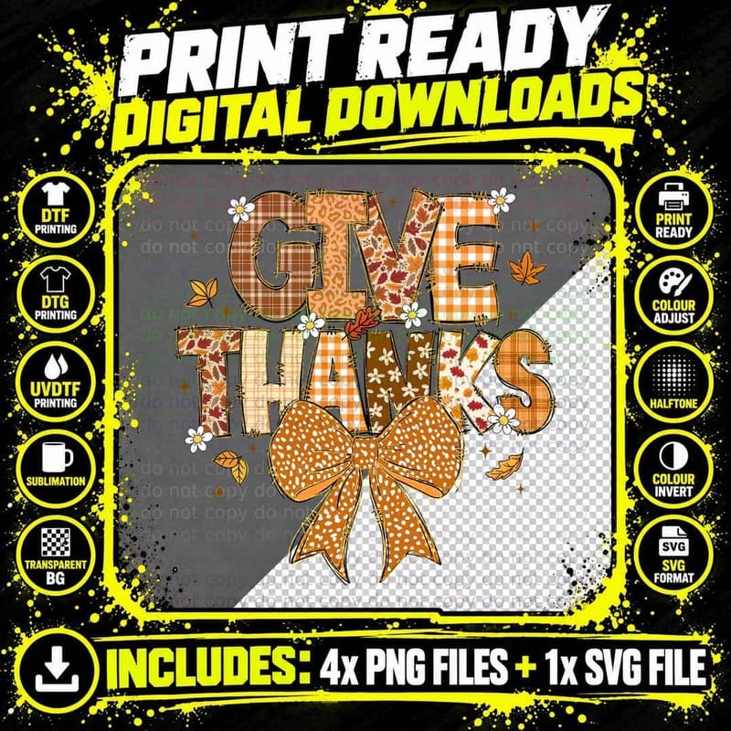 Give Thanks Fall T-Shirt, Give Thanks Patchwork Bow Png SVG Digital Bundle
