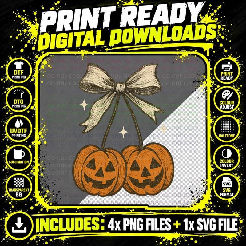 Gold Metallic Bow with Jack-O-Lanterns Fall T-Shirt Png SVG Digital Bundle