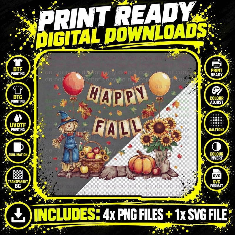 Happy Fall T-Shirt, Happy Fall Scarecrow Sunflowers Png SVG Digital Bundle