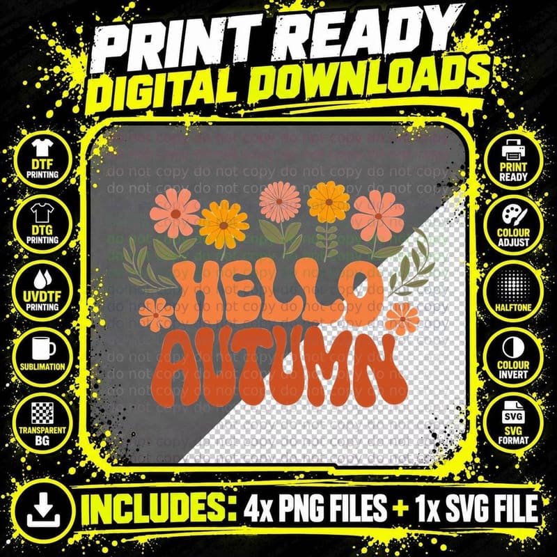 Hello Autumn Fall T-Shirt, Pink Orange Flowers Text Png SVG Digital Bundle