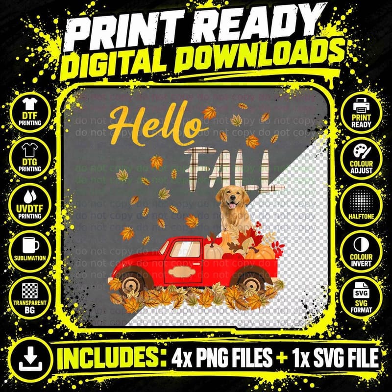 Hello Fall Golden Retriever T-Shirt, Autumn Leaves Png SVG Digital Bundle